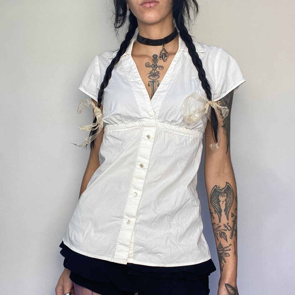 Zinc White Cotton Button Front Collared Tie Office Siren Babydoll Blouse Top M